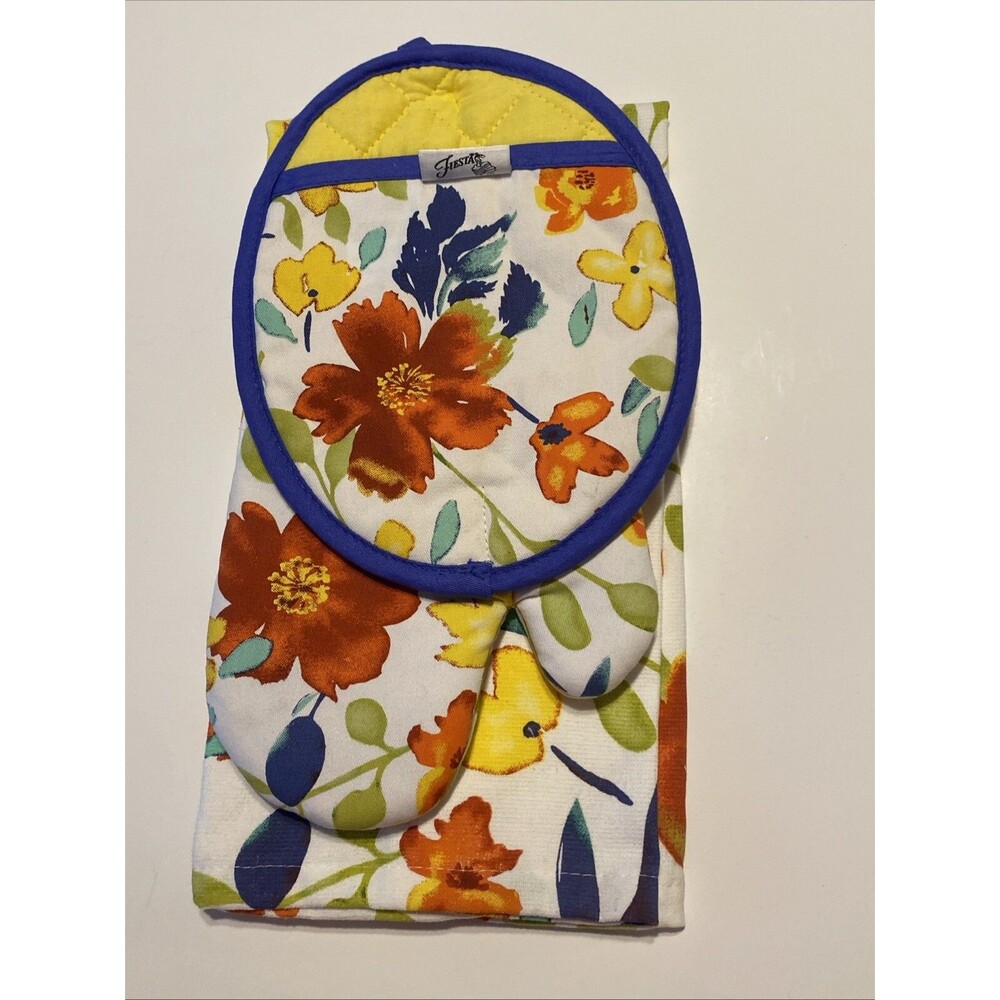 Fiesta Floral Kitchen Towel & Pot holder hot Pad  Set Multicolor 3 Piece New